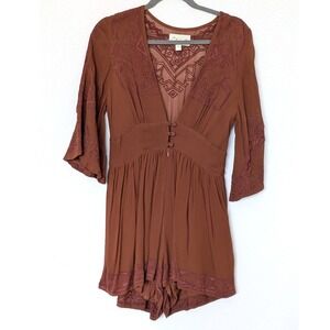 Cleobella Menorca Embroidered Romper Ginger Burnt Orange Rayon Bell Sleeve